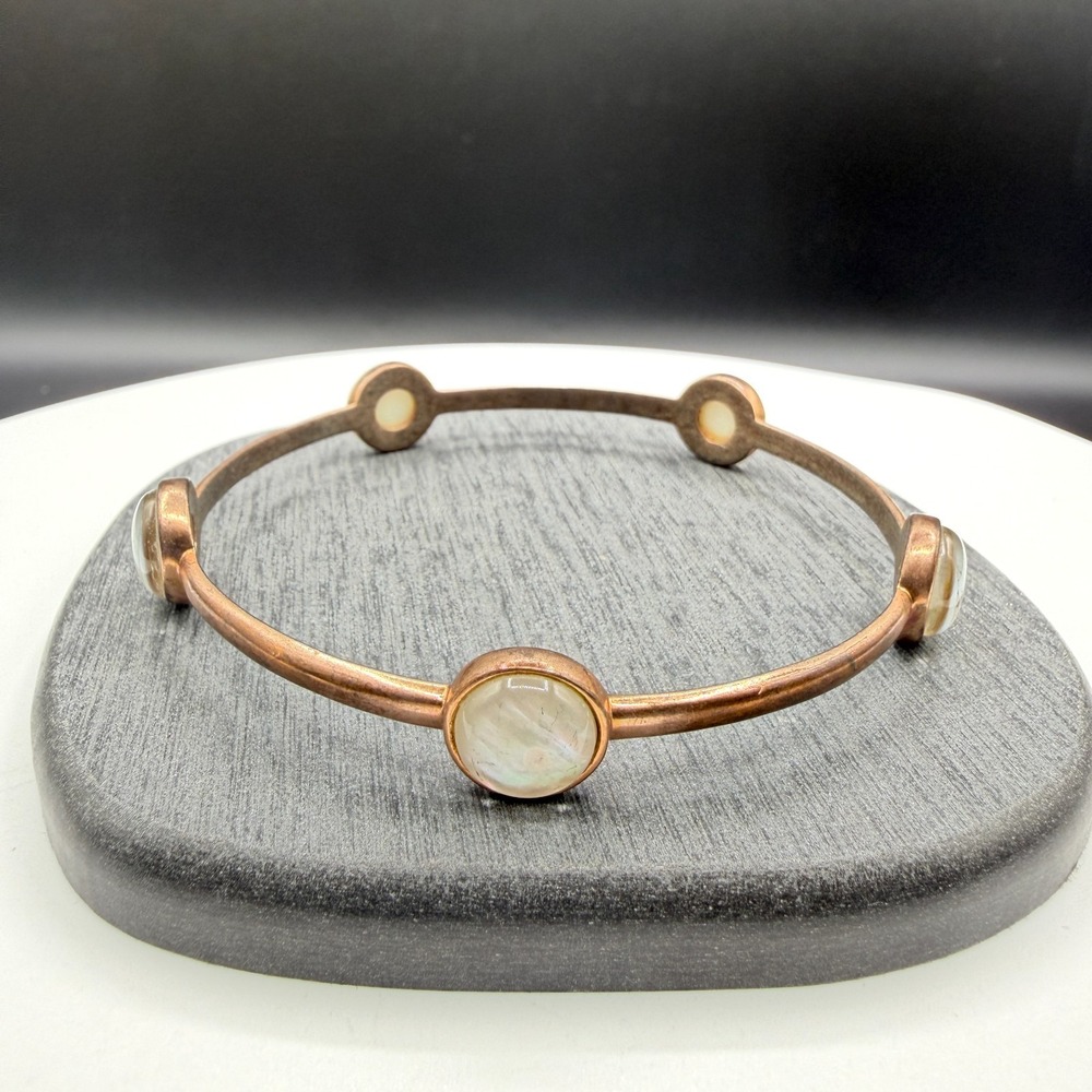 Pearlescent Shell Cabochon Copper Tone Bangle Bracelet Boho Statement Jewelry